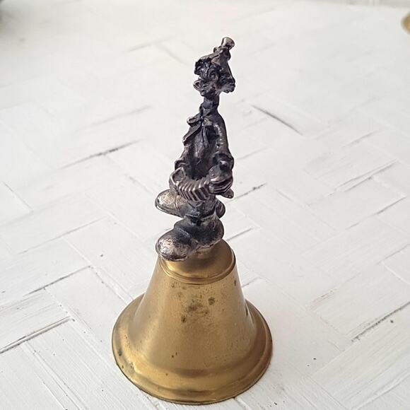 Vintage Pewter Clown Playing Accordian On Brass Bell Collectible About 5" Tall - Picture 3 of 9